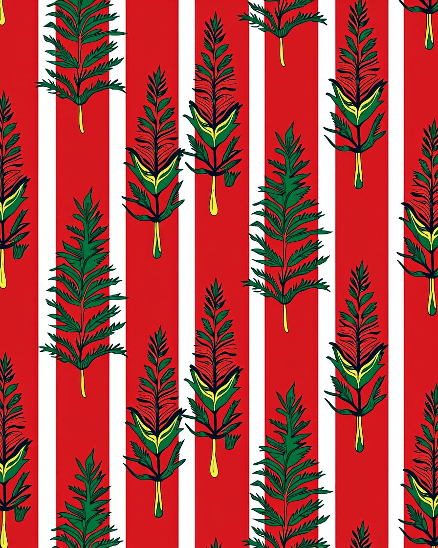 Red White Striped Fern Floral Rug
