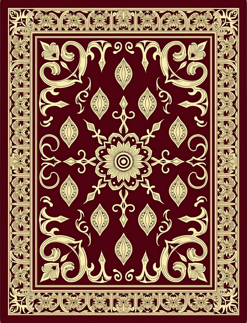 Deep Red Floral Scrollwork Center Rug