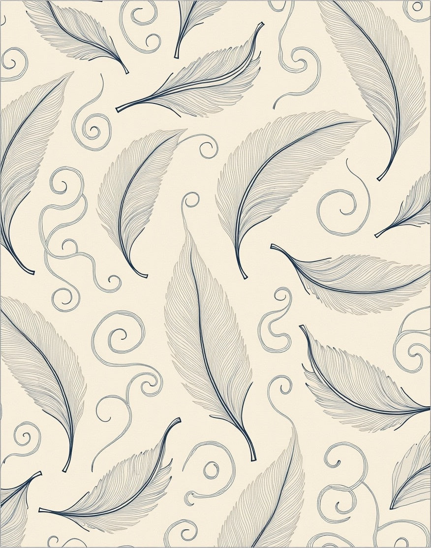 Cream and Blue Feather Swirls Rug