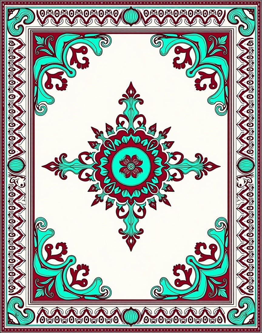 Crimson Teal Medieval Floral Frame Rug