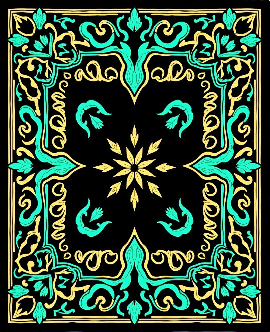 Black Teal Yellow Floral Scroll Rug