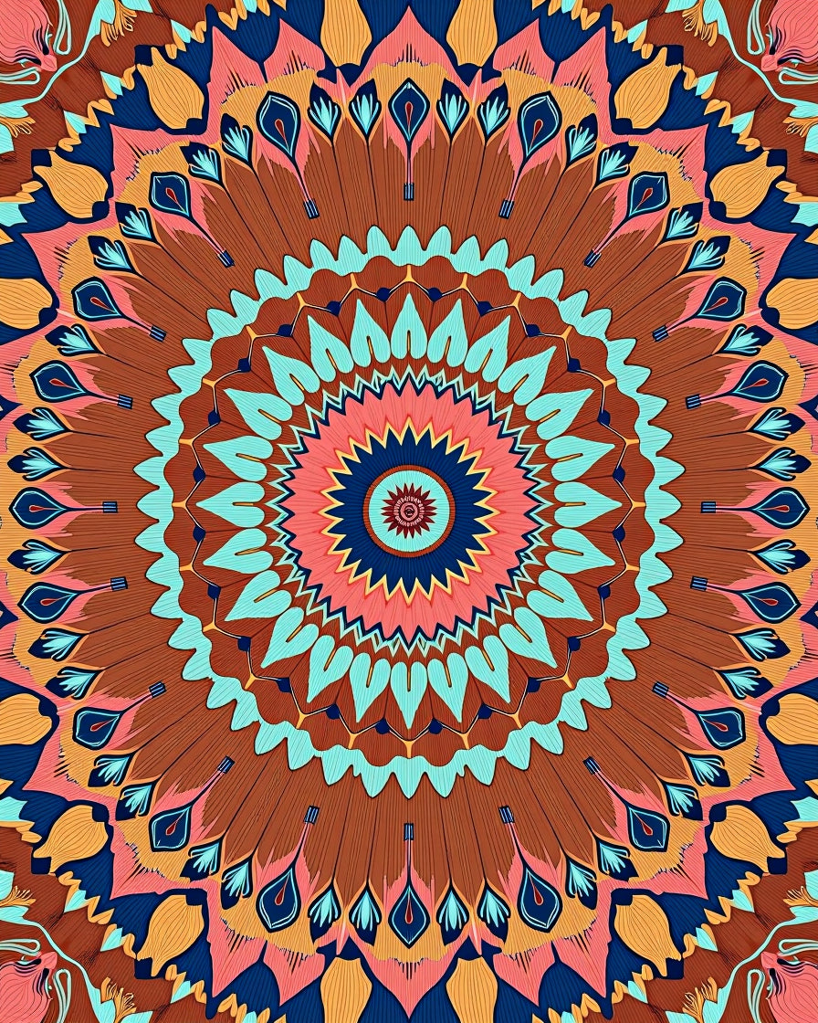 Bold Coral Teal Feathered Mandala Rug
