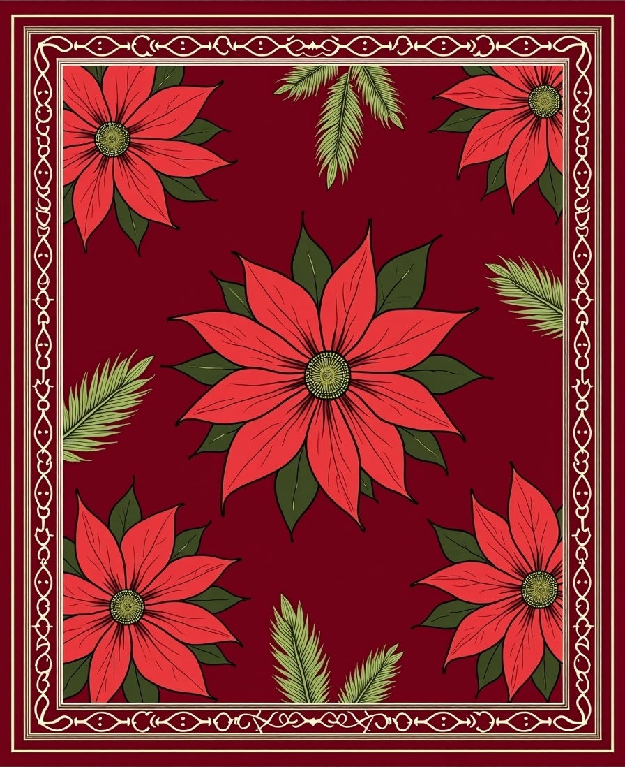Vibrant Red Floral Bordered Poinsettias Rug