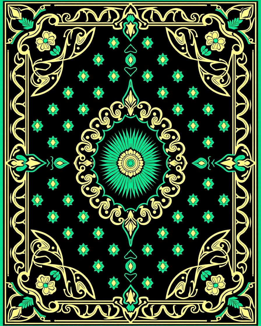 Ornate Black Emerald Floral Medallion Rug