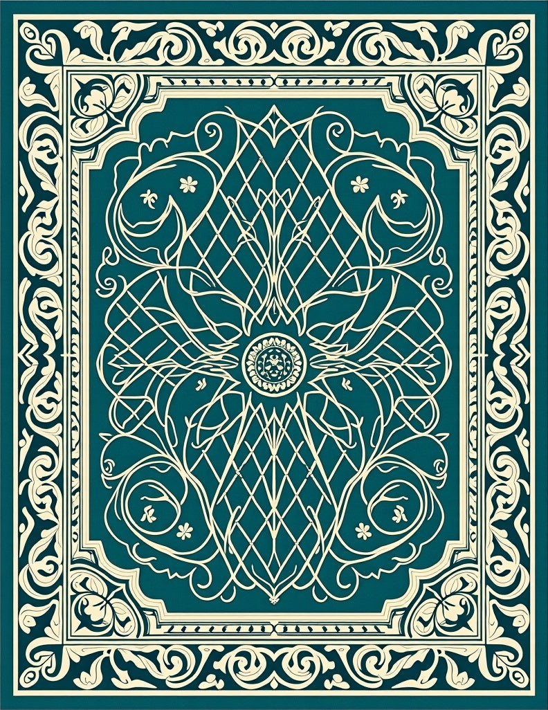 Teal and Cream Vintage Scroll Border Rug