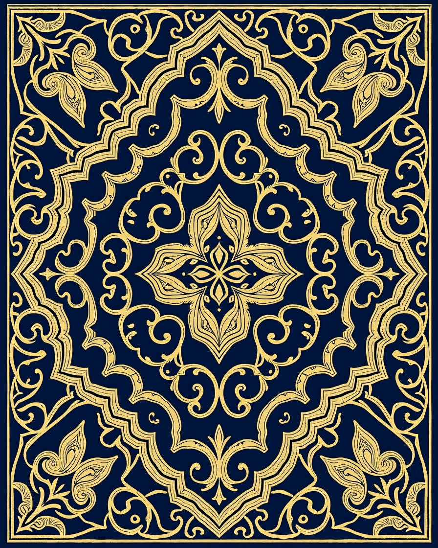 Royal Blue Golden Ornamental Flourish Rug