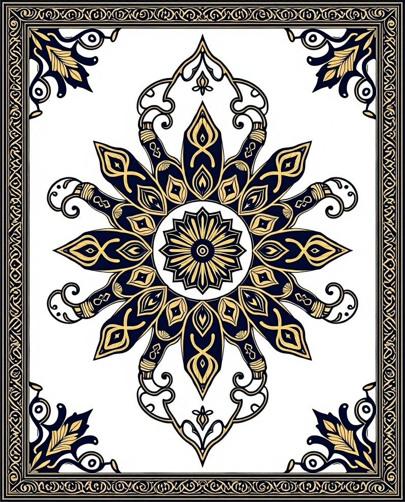 Ornate Navy Gold Floral Mandala Rug