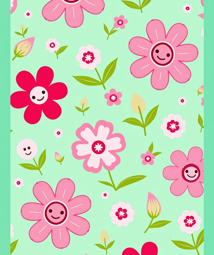 Pink and Red Flowers on Mint Background Rug