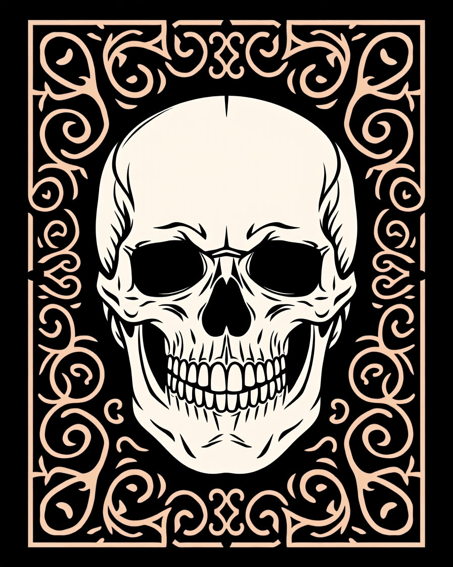 Cream Skull with Black Ornate Border Rug