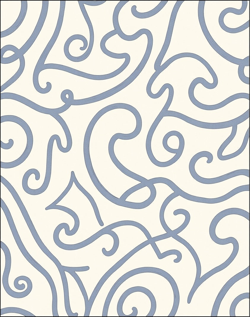 Cream Blue Swirling Abstract Lines Rug
