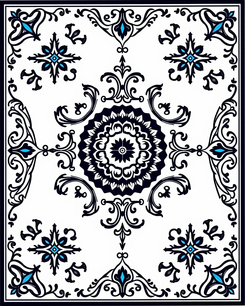 Black Blue White Damask Floral Medallion Rug
