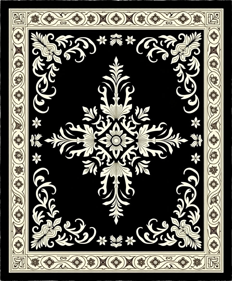 Classic Black Cream Floral Scroll Rug