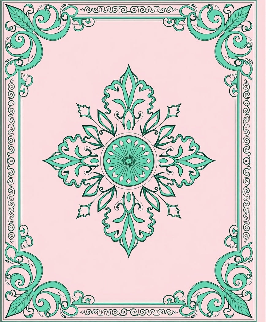 Pale Pink Green Floral Medallion Frame Rug