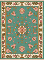 Aqua Pink Floral Medallion Border Rug