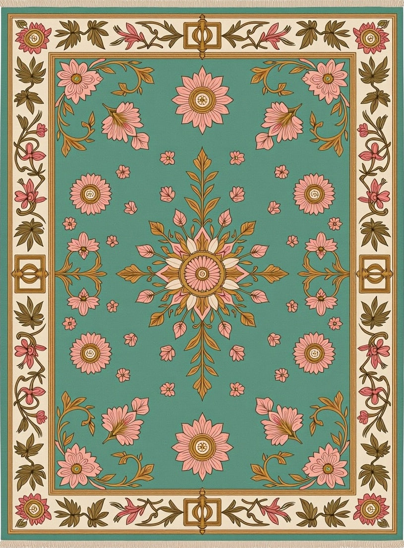 Aqua Pink Floral Medallion Border Rug