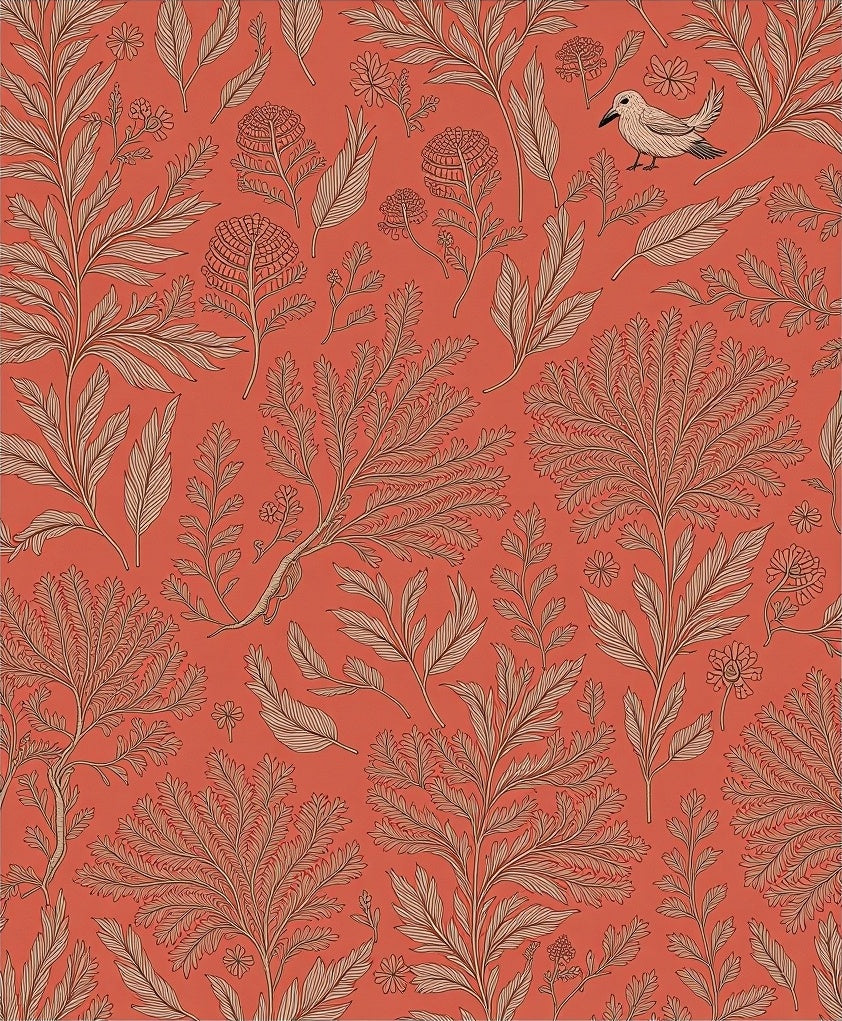 Terracotta Red Botanical Bird Garden Rug