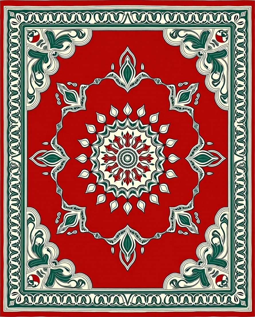 Crimson Green Floral Medallion Ornament Rug