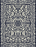 Intricate Dark Blue Floral Scroll Emblem Rug