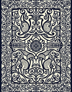 Intricate Dark Blue Floral Scroll Emblem Rug