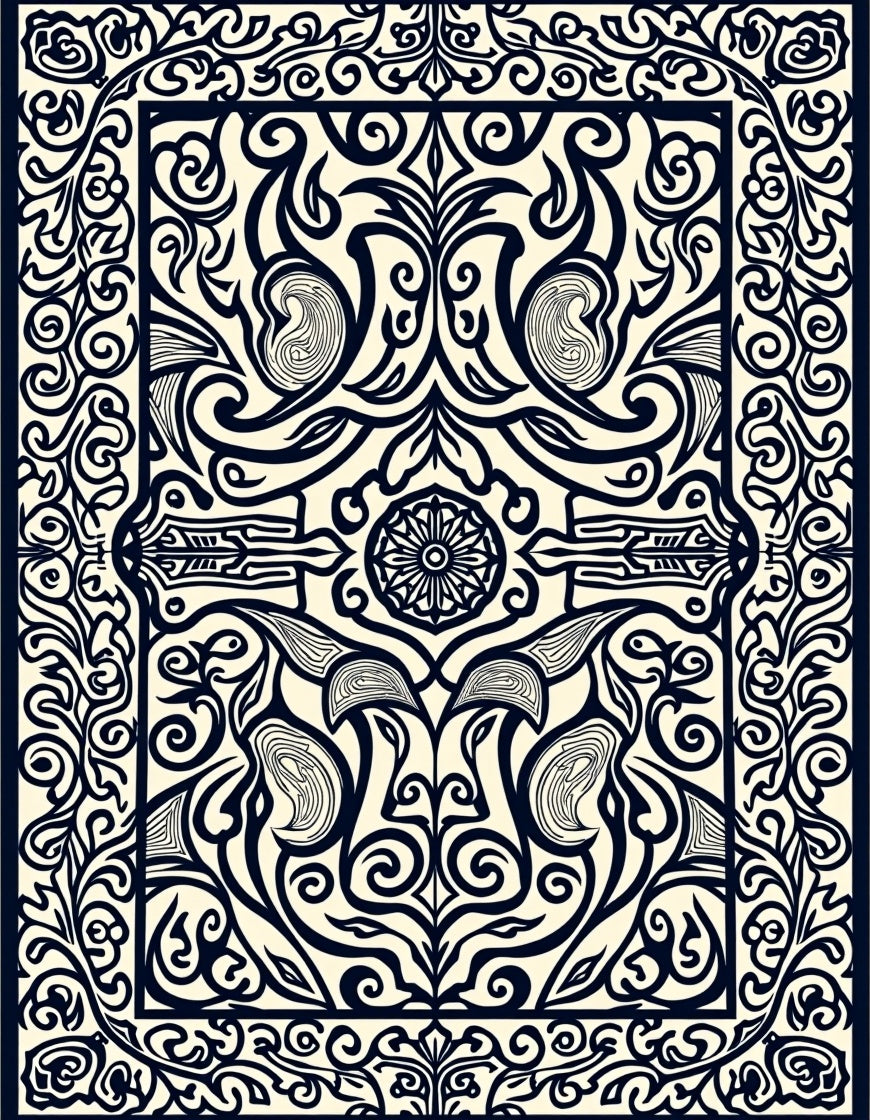 Intricate Dark Blue Floral Scroll Emblem Rug