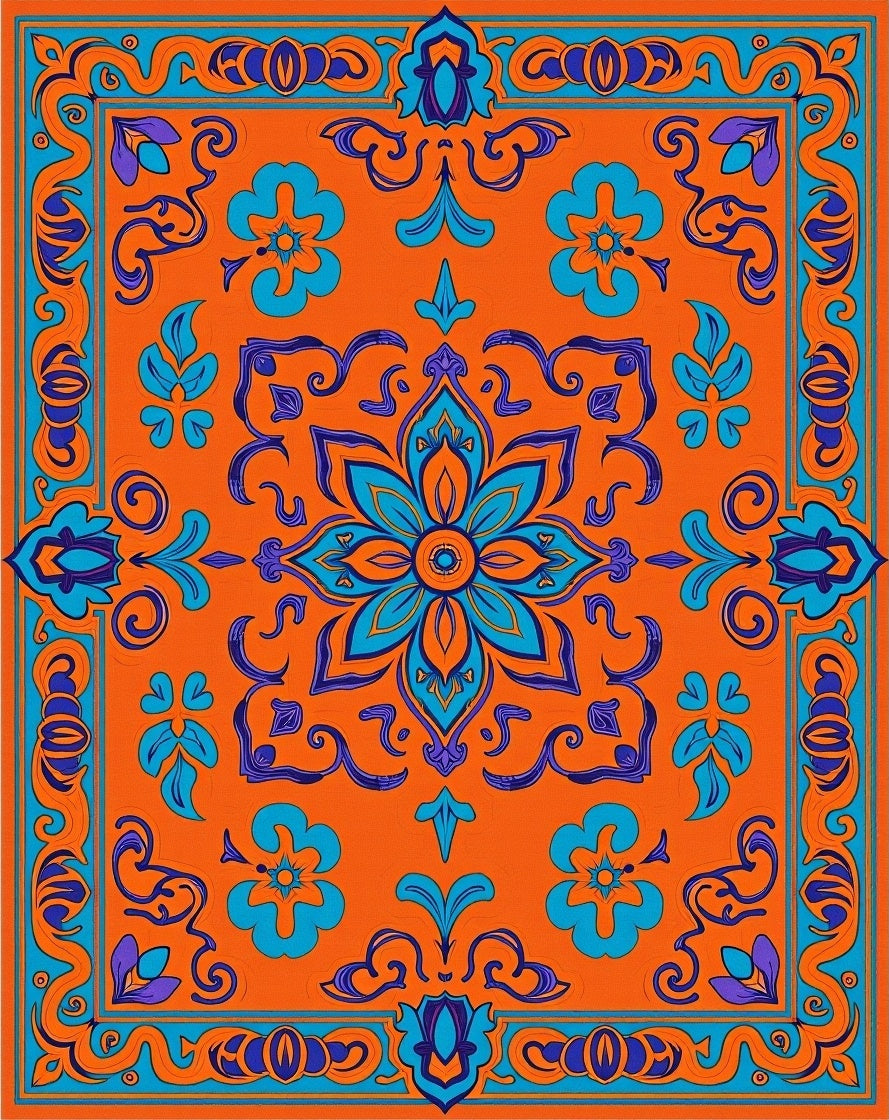 Vibrant Orange Blue Floral Medallion Rug
