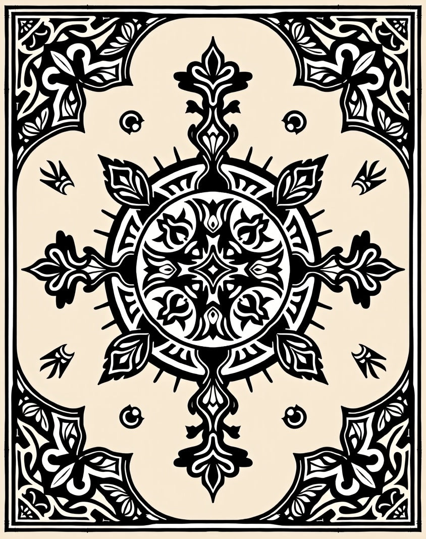 Cream Black Symmetry Floral Medallion Rug