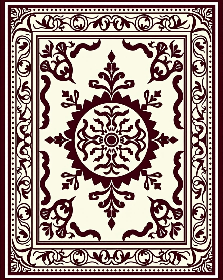 Maroon Off-White Floral Medallion Border Rug