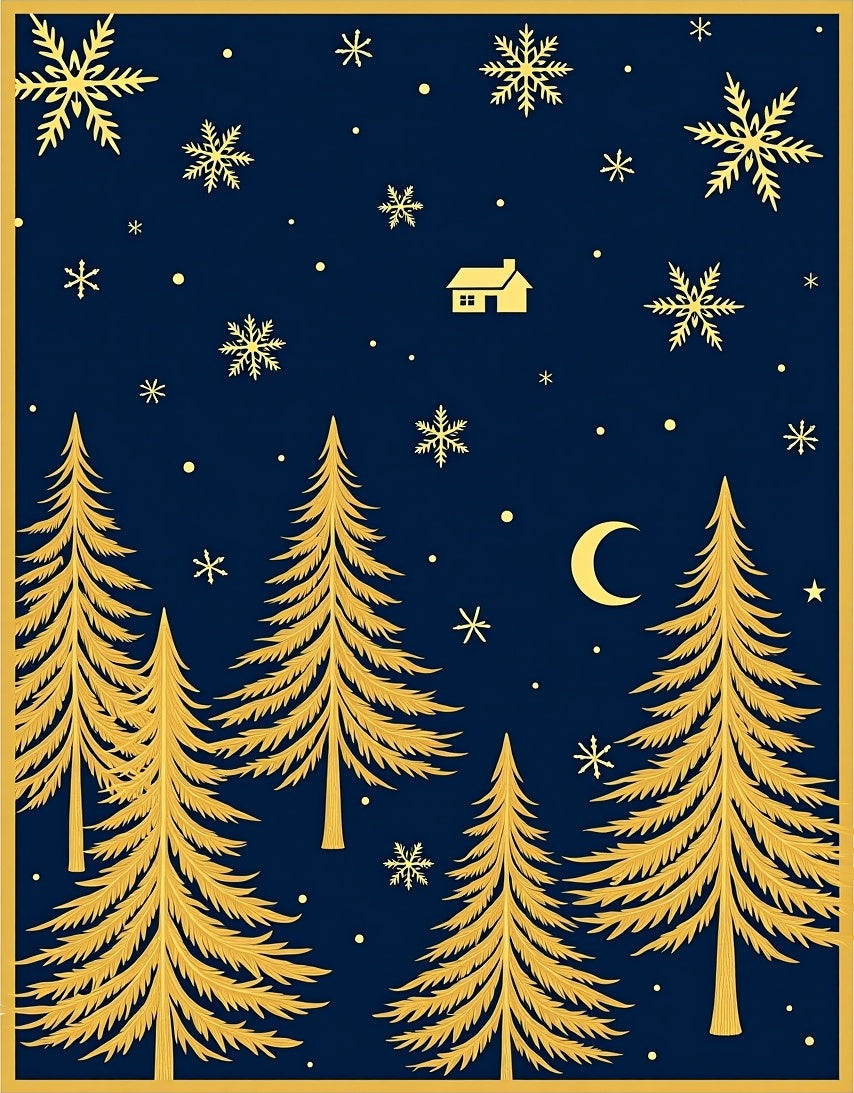 Golden Pine Forest Snowflakes Night Rug