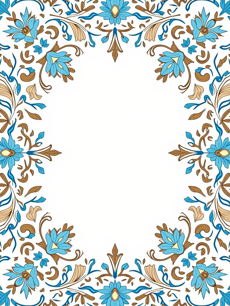 Blue Brown Floral Vine Border Rug