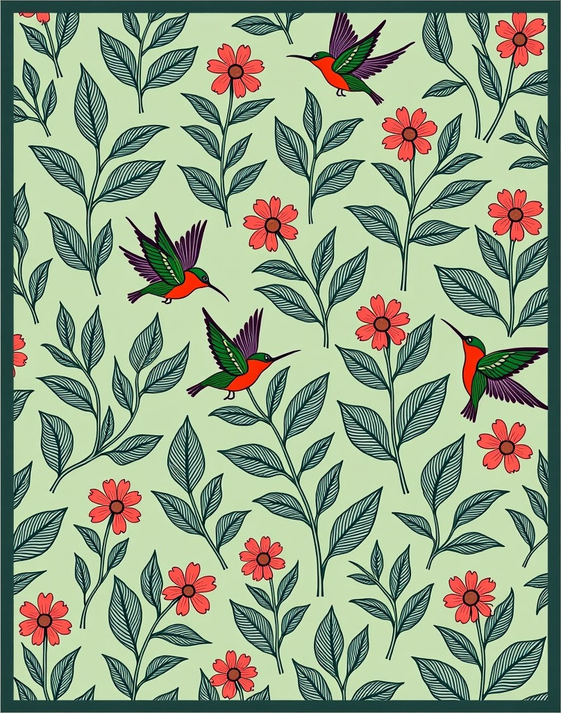 Whimsical Orange Flower Hummingbird Garden Rug