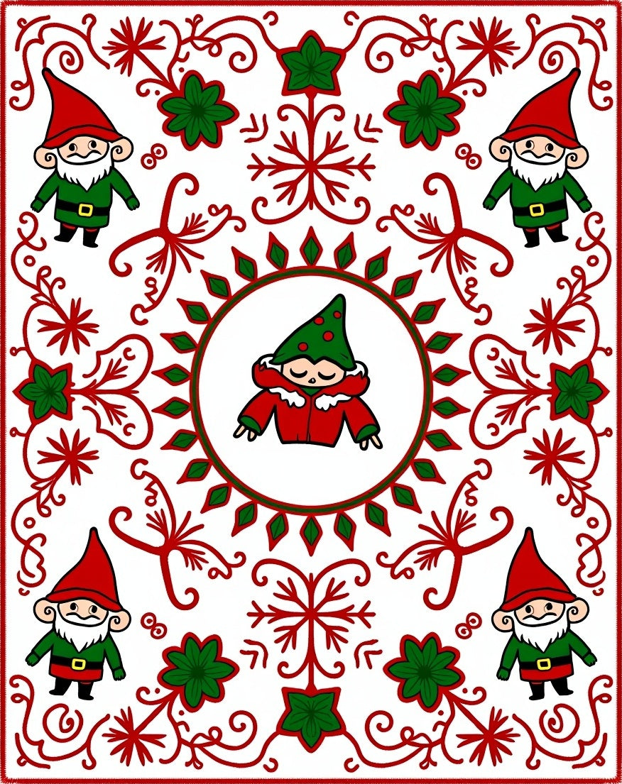 Festive Red Green Gnome Holiday Round Rug