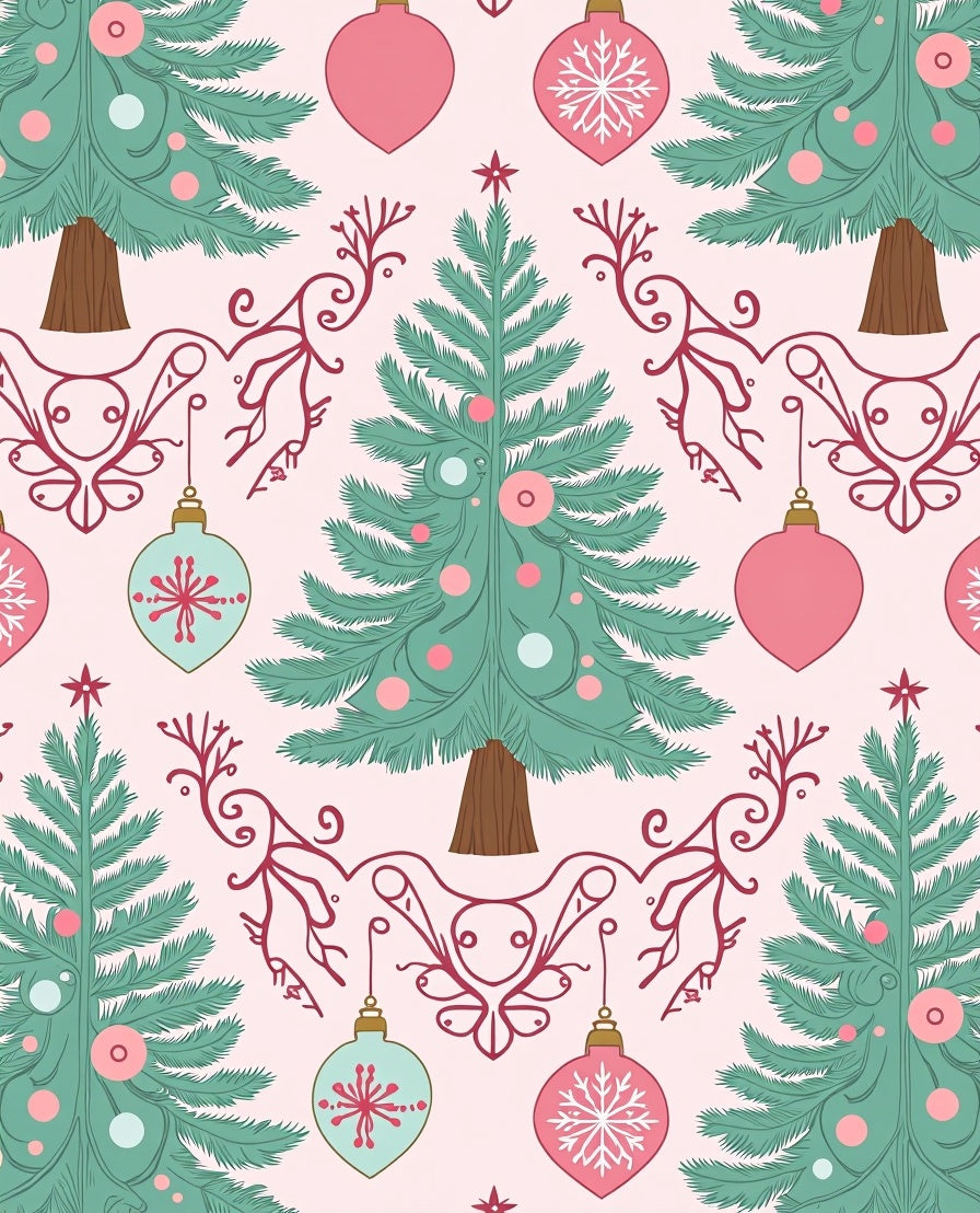 Retro Christmas Tree Ornaments Pink Teal Rug