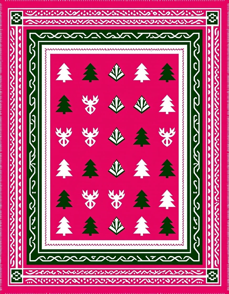 Hot Pink Forest Animal Christmas Trees Rug