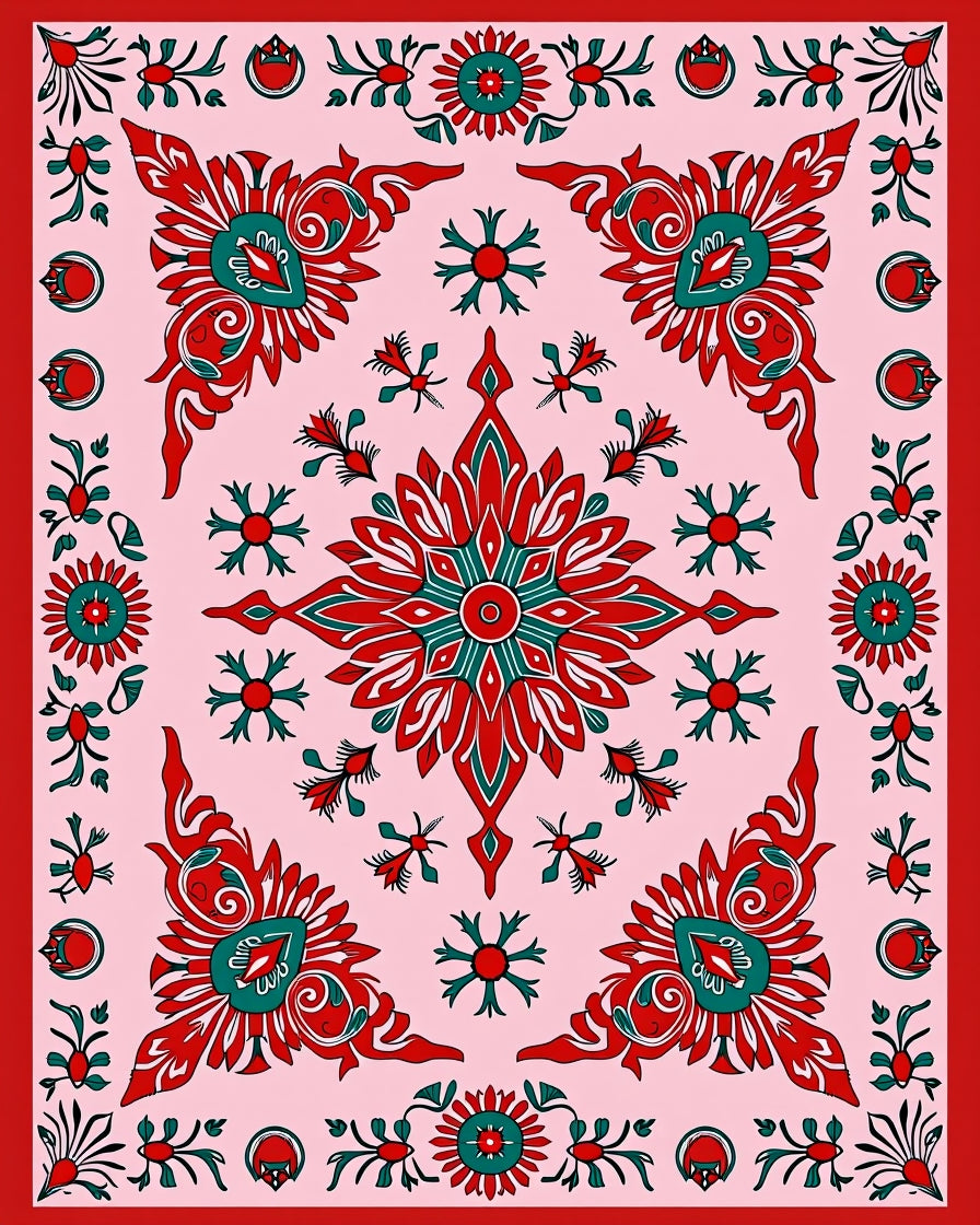 Floral Crimson Teal Mandala Rug