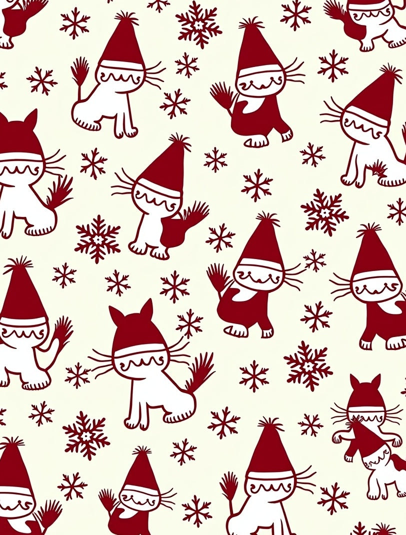 Whimsical Red Snowflakes Cat Scene Rug