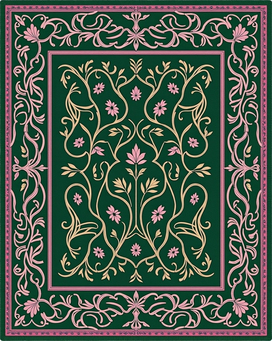 Emerald Green Floral Vine Border Rug