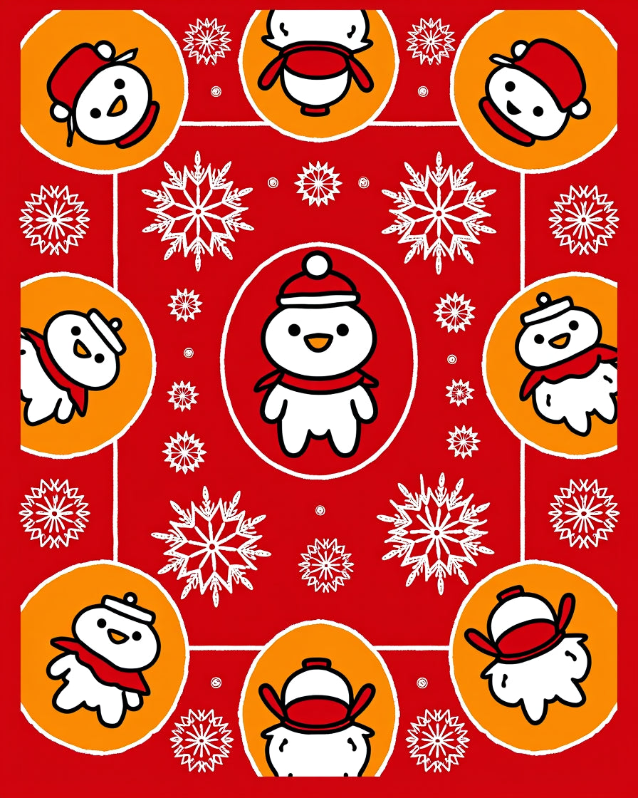 Whimsical Snowmen And Snowflakes Red Rug