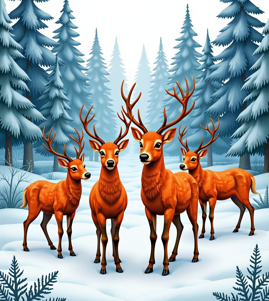 Winter Forest Herd Deer Scene Rug