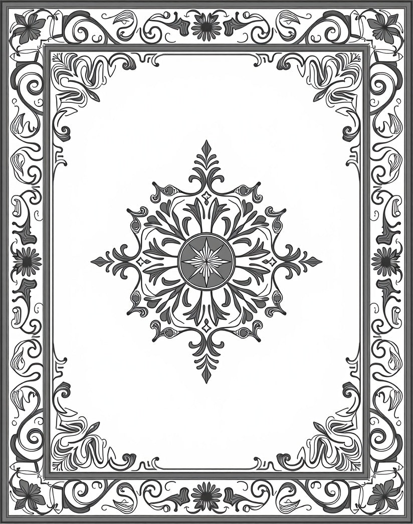 Ornate Gray Floral Mandala Frame Rug