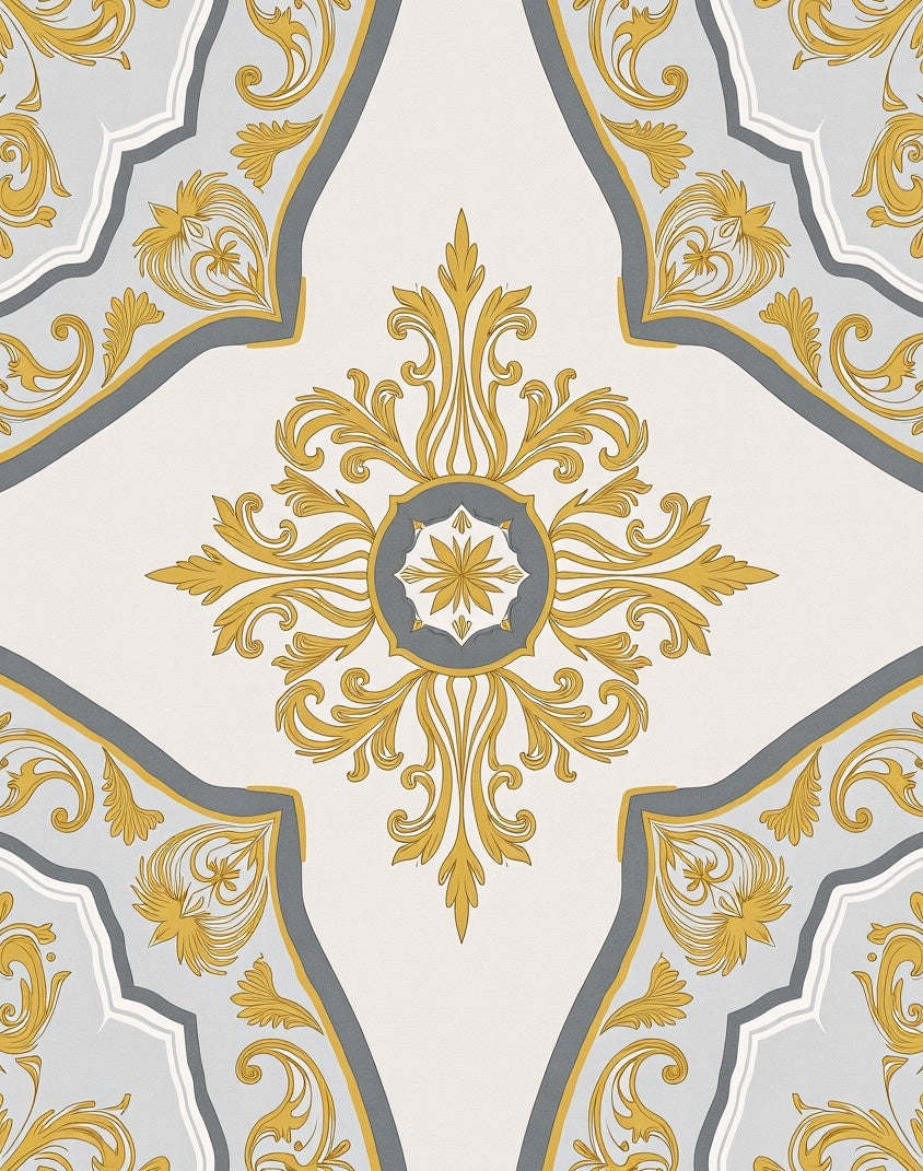 Gold Gray Baroque Scroll Ornament Rug