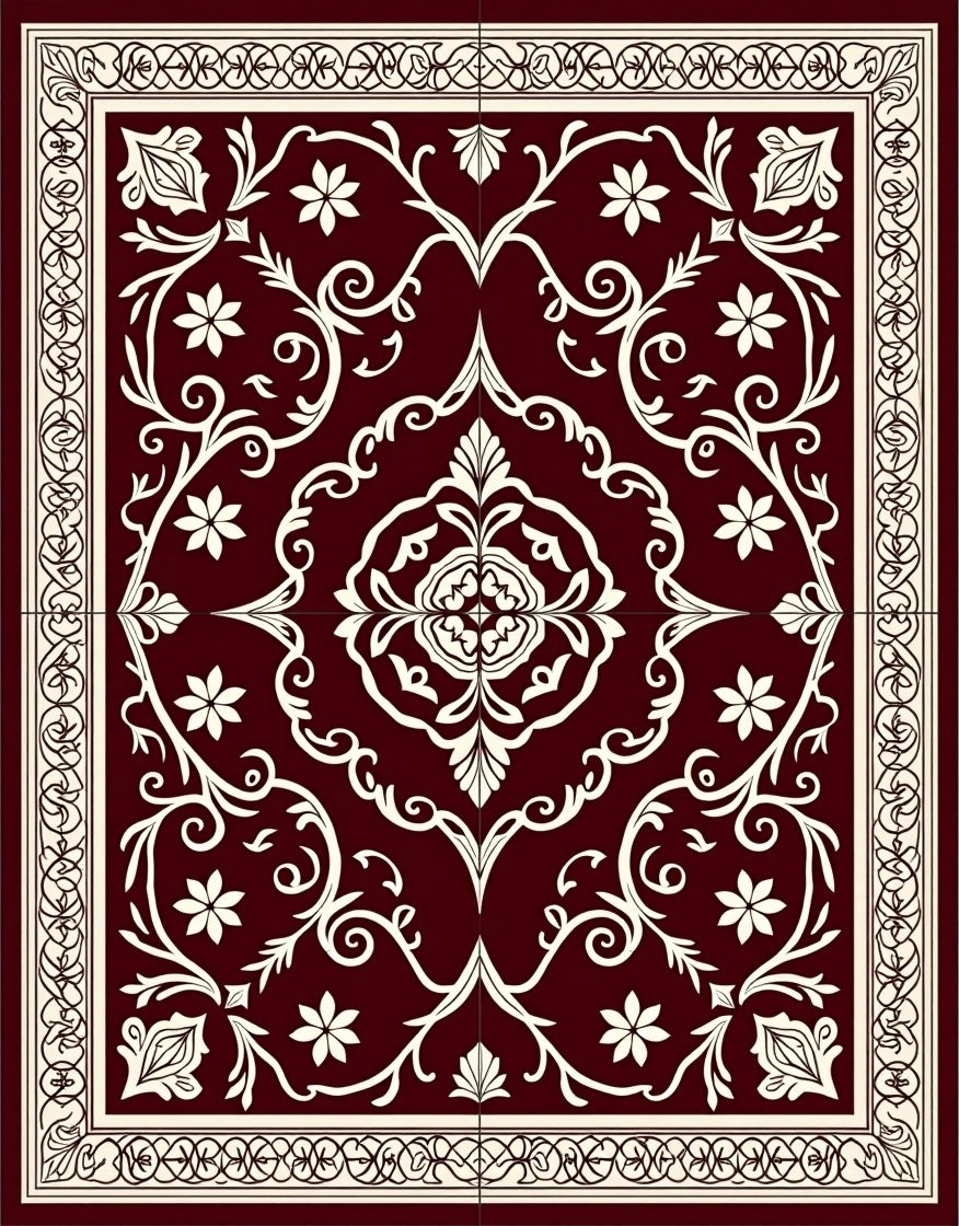 Deep Red Cream Floral Medallion Rug