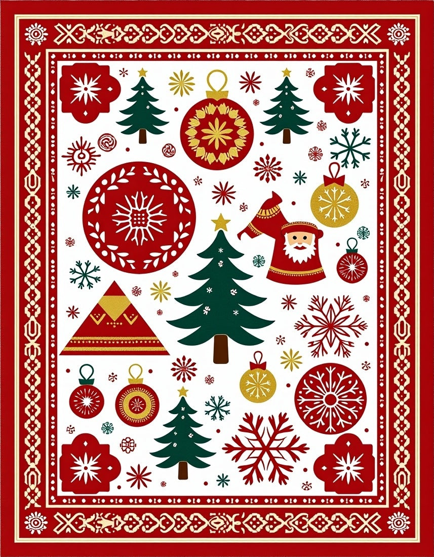 Holiday Red Green Santa Trees Ornaments Rug