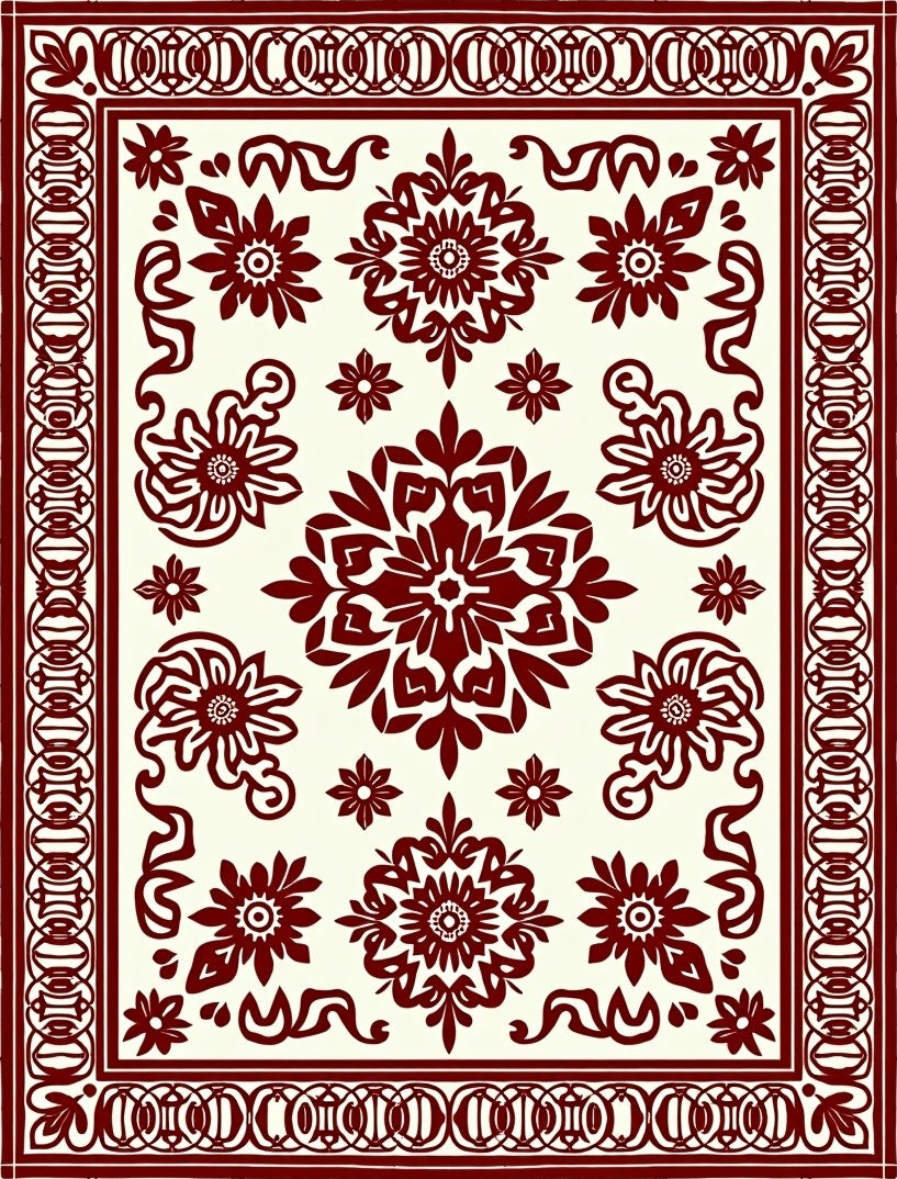 Deep Red Floral Medallion Border Rug