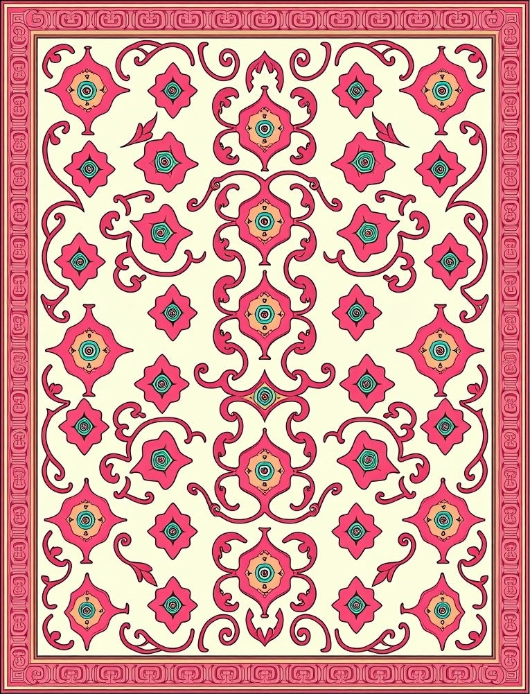 Pink Floral Medallion Cream Border Rug