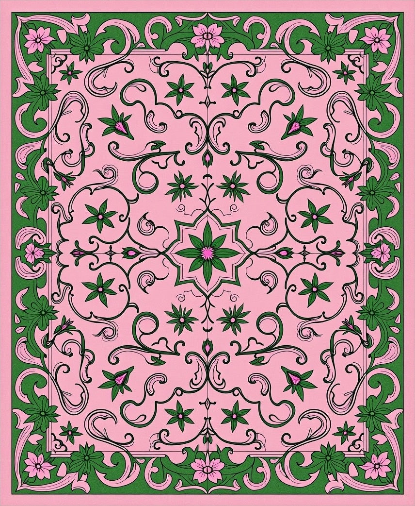 Pink Floral Scrollwork Art Deco Rug