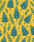 Teal Pine Tree Floral Yellow Background Rug