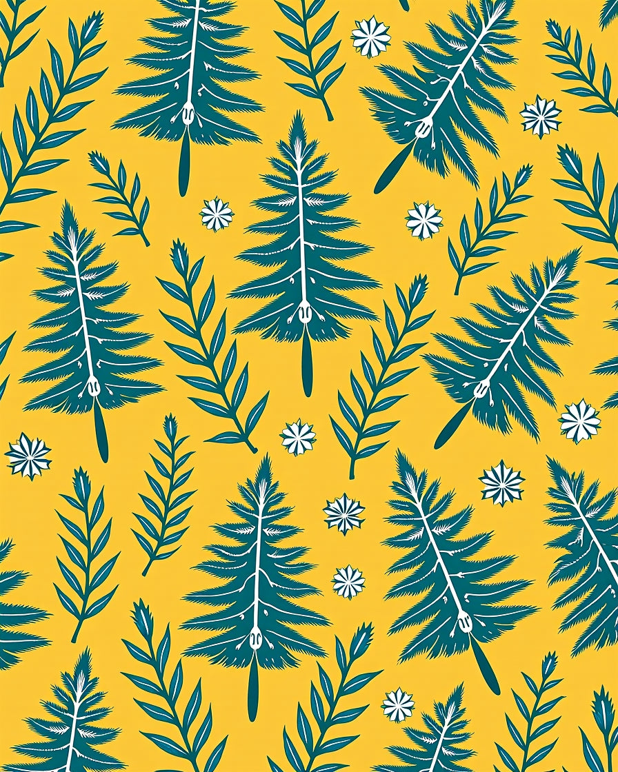 Teal Pine Tree Floral Yellow Background Rug