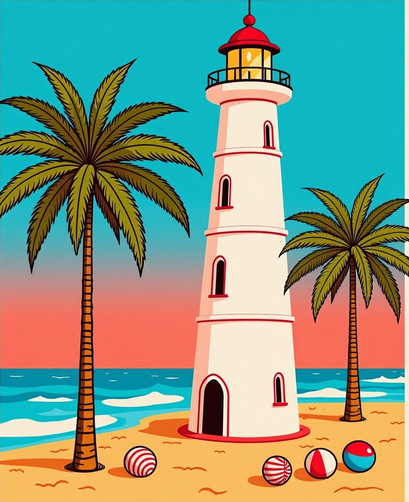Coastal Lighthouse Palm Tree Beach Balls Rug