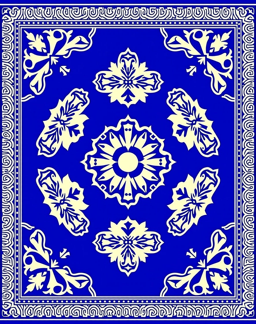 Royal Blue Cream Floral Medallion Ornament Rug