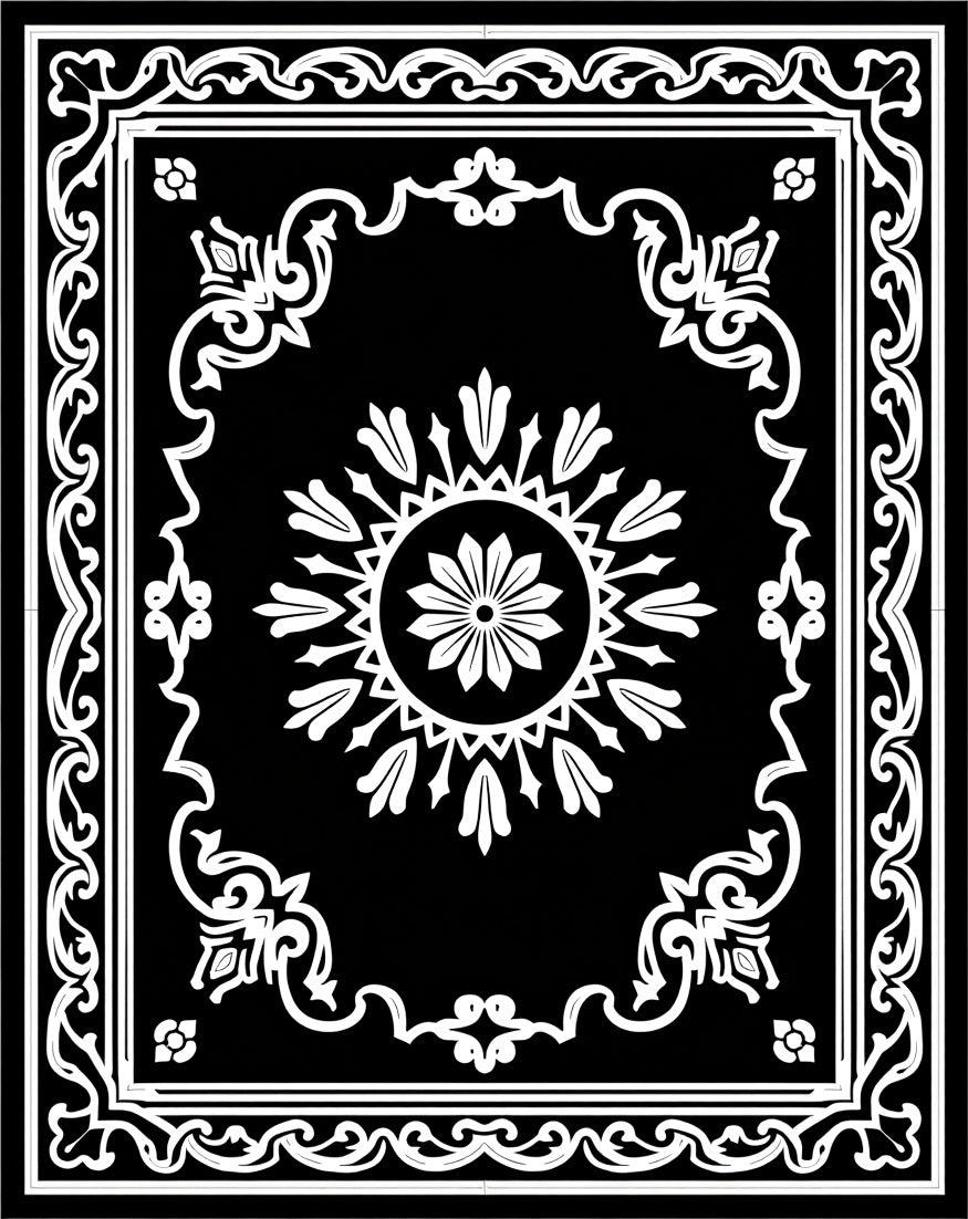 Black White Floral Medallion Frame Rug